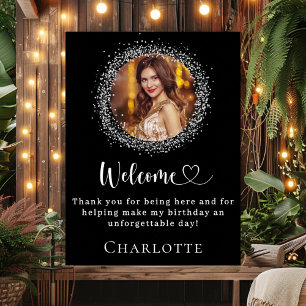 Birthday black silver glitter photo welcome poster