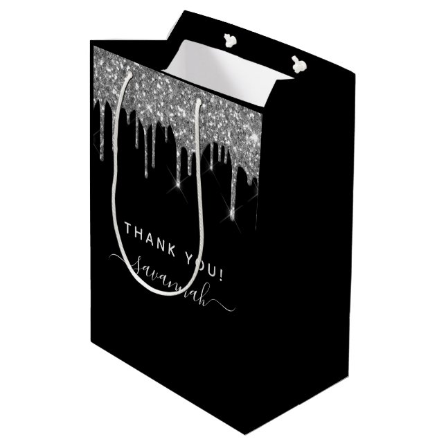 Birthday black silver glitter thank you favour medium gift bag (Back Angled)