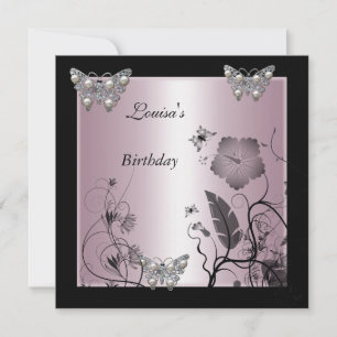 Birthday Black Silver Pearl Butterfly Party Pink Invitation