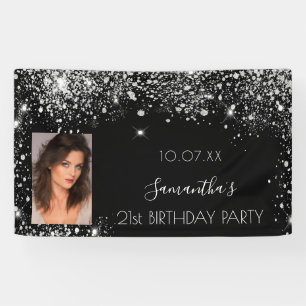 Birthday black silver photo glitter monogram banner