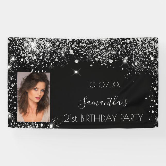 Birthday black silver photo glitter monogram banner (Horizontal)