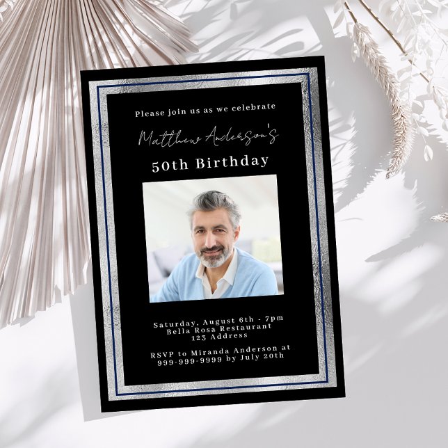 Birthday black silver photo luxury invitation (Creator Uploaded)