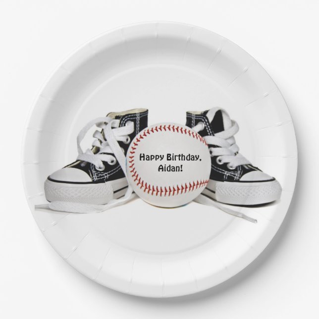 birthday black sneakers and baseball on white paper plate (Front)