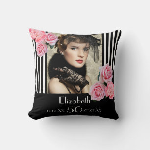 Birthday black stripes photo pink floral name cushion