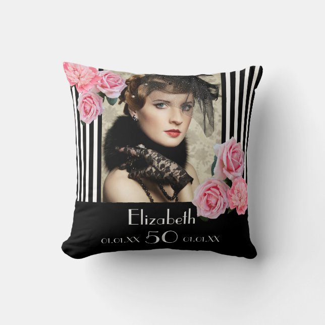 Birthday black stripes photo pink floral name cushion (Front)