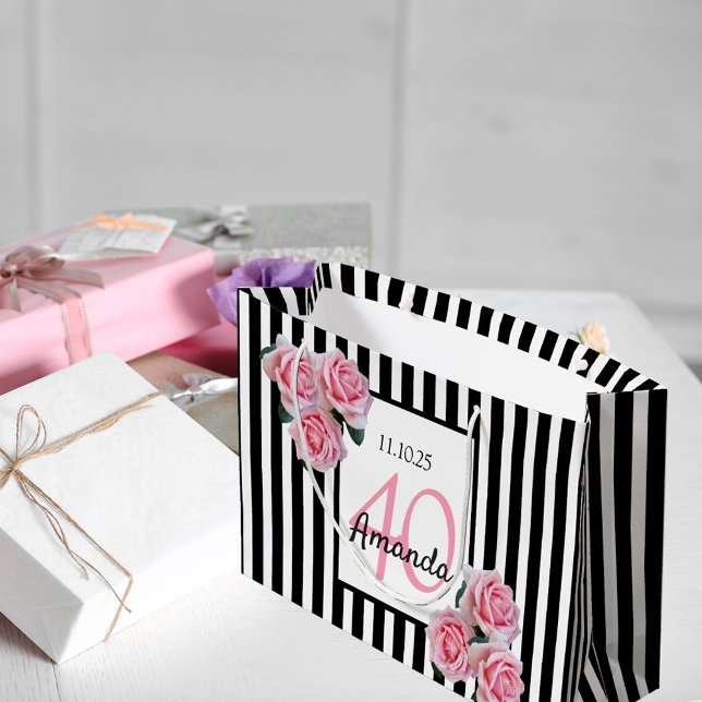 Birthday black stripes pink florals monogram large gift bag (Creator Uploaded)