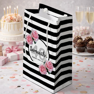 Birthday black stripes pink florals name classic  small gift bag