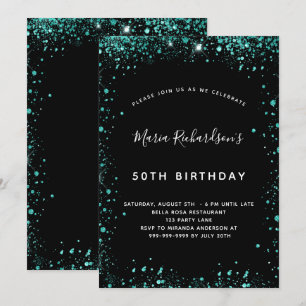 Birthday black teal green glitter dust invitation