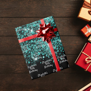 Birthday black teal green glitter dust name wrapping paper