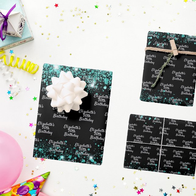 Birthday black teal green glitter name  wrapping paper sheet (Creator Uploaded)