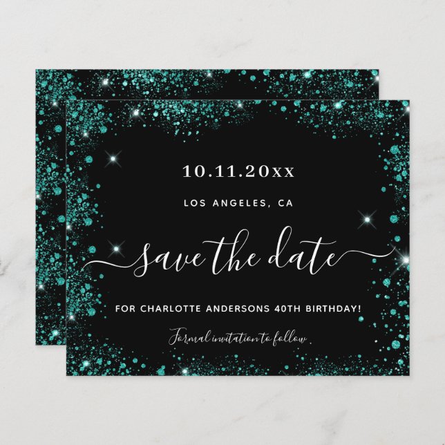 Birthday black teal green save the date card (Front/Back)