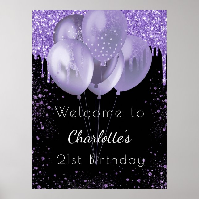 Birthday black violet glitter welcome balloons poster (Front)
