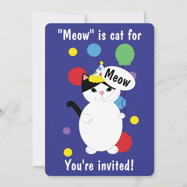 Birthday Black White Cat Meow Custom Invitation (Front)