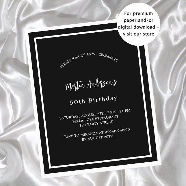 Birthday black white minimalist budget invitation (Creator Uploaded)