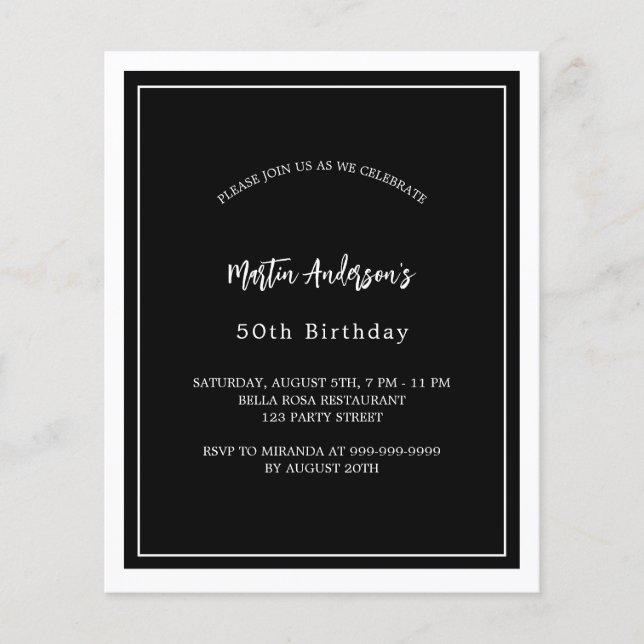 Birthday black white minimalist budget invitation flyer (Front)