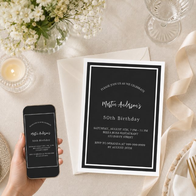 Birthday black white minimalist men guy invitation (Creator Uploaded)