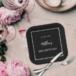 Birthday black white minimalist men guy paper plate<br><div class="desc">A black background decorated with a white frame.  Personalise and add a date,  name,  age.</div>