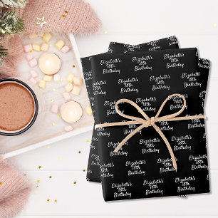 Birthday black white name script minimalist wrapping paper sheet
