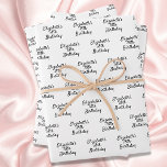 Birthday black white name script minimalist wrapping paper sheet<br><div class="desc">White background,  black text. Personalise and add a name and age.  A modern hand lettered style script.</div>