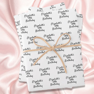 Birthday black white name script minimalist wrapping paper sheet