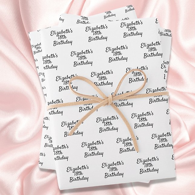 Birthday black white name script minimalist wrapping paper sheet (Creator Uploaded)