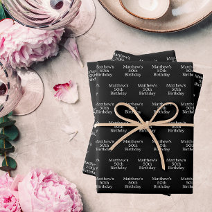 Birthday black white name script minimalist wrapping paper sheet