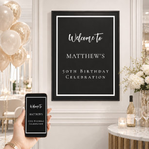 Birthday black white party welcome poster