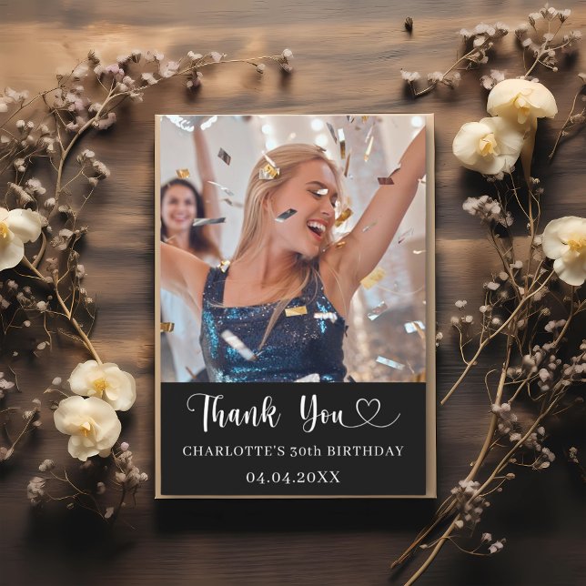 Birthday black white photo heart thank you card (Creator Uploaded)