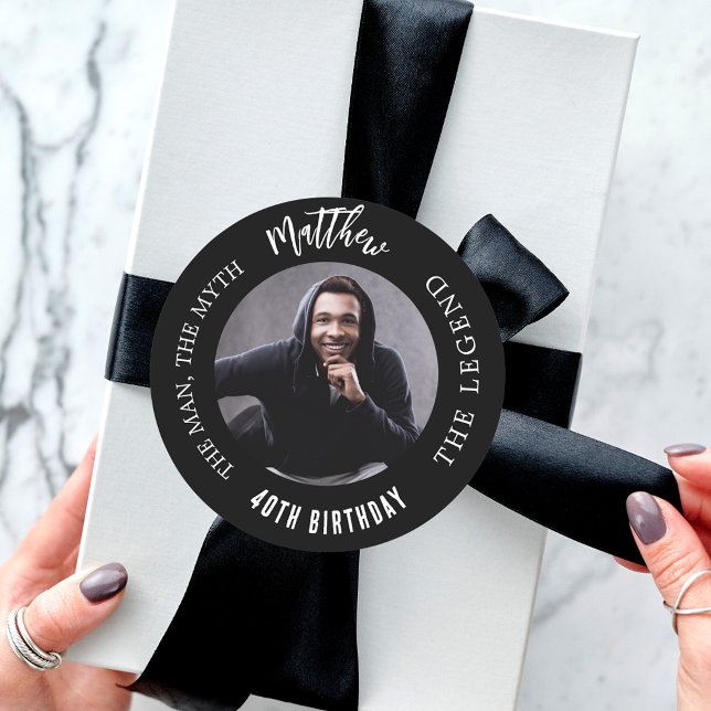 Birthday black white photo man myth legend classic round sticker (Creator Uploaded)