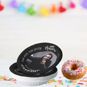 Birthday black white photo man myth legend paper plate