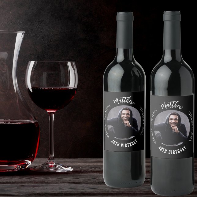 Birthday black white photo man myth legend wine label (Creator Uploaded)