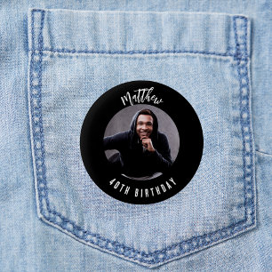 Birthday black white photo name 6 cm round badge