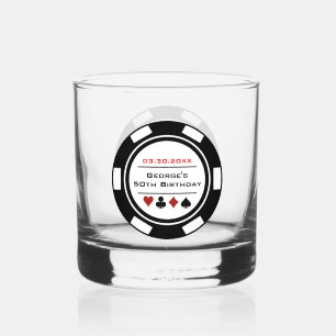 Birthday Black White Poker Chip Las Vegas Theme Whiskey Glass