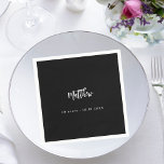Birthday black white script elegant minimalist napkin<br><div class="desc">For a 50th (or any age) birthday party.  A black background. Add your name,  age,   date. The name is written with a modern hand lettered style script.  White text.</div>