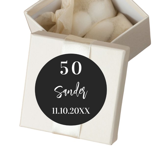 Birthday black white script minimalist classic round sticker (Creator Uploaded)