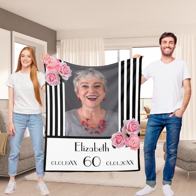 Birthday black white stripes florals photo fleece blanket (Creator Uploaded)