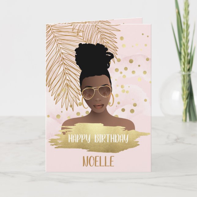 Birthday, Black Woman, Gold Tropical Leaf, Pink Card (Front)