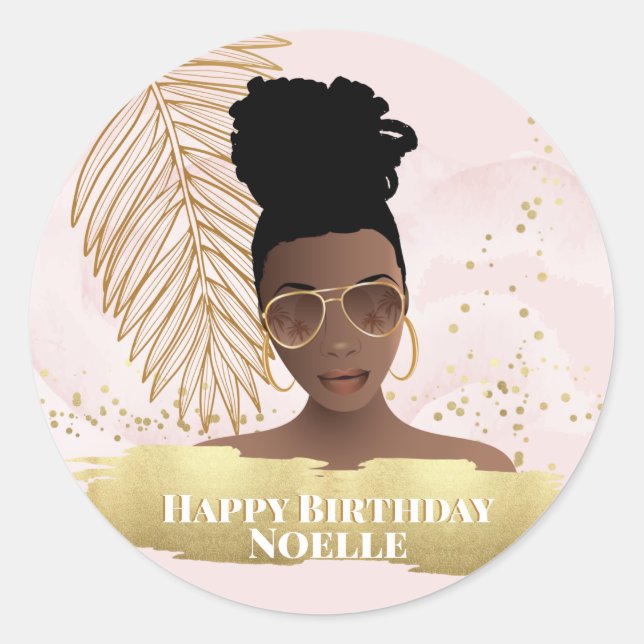 Birthday, Black Woman, Gold Tropical Leaf, Pink Classic Round Sticker (Front)
