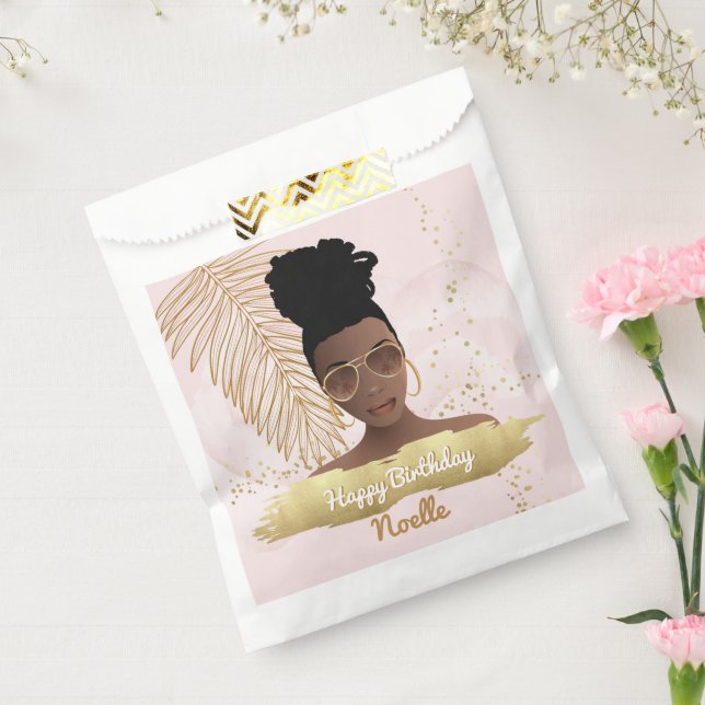 Birthday, Black Woman, Gold Tropical Leaf, Pink Fa Favour Bags (Sealed)