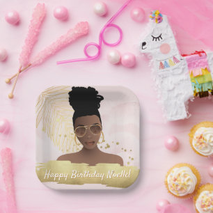 Birthday, Black Woman, Gold Tropical Leaf, Pink Paper Plate