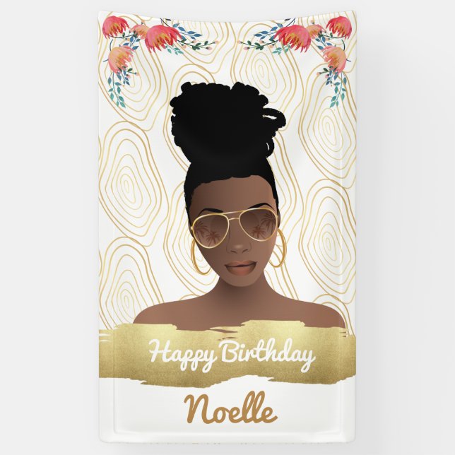 Birthday, Black Woman, Whimsical Flowers Gold Banner (Vertical)