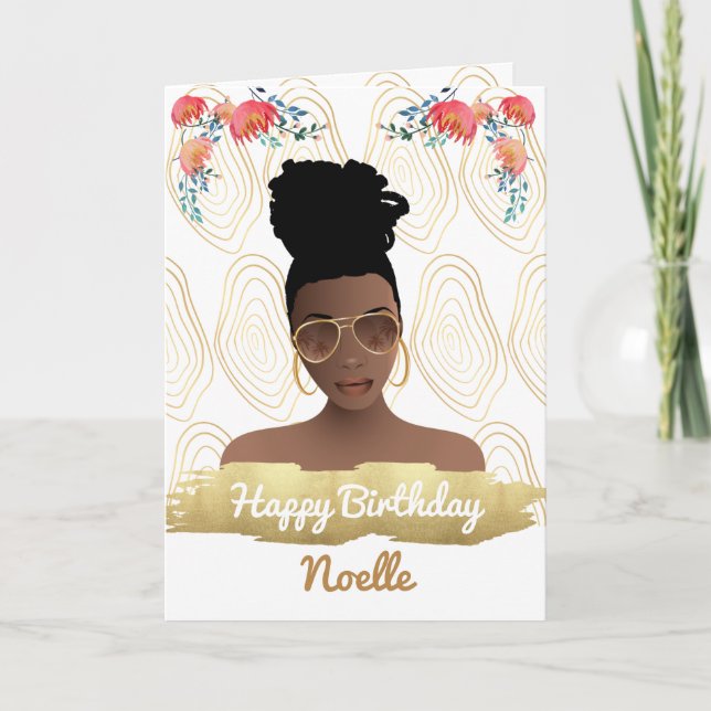 Birthday, Black Woman, Whimsical Flowers Gold  Card (Front)