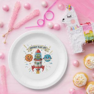 Birthday Blast Off! Cute Alien in Rocket Ship Paper Plate