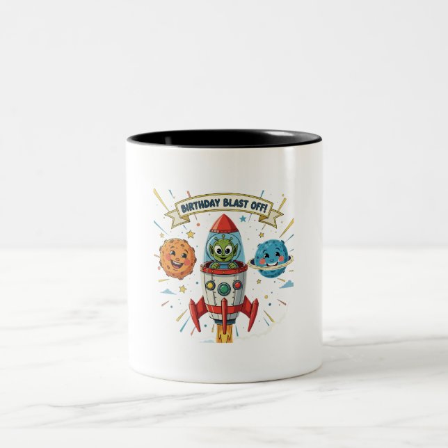 Birthday Blast Off! Cute Alien in Rocket Ship  Two-Tone Coffee Mug (Center)