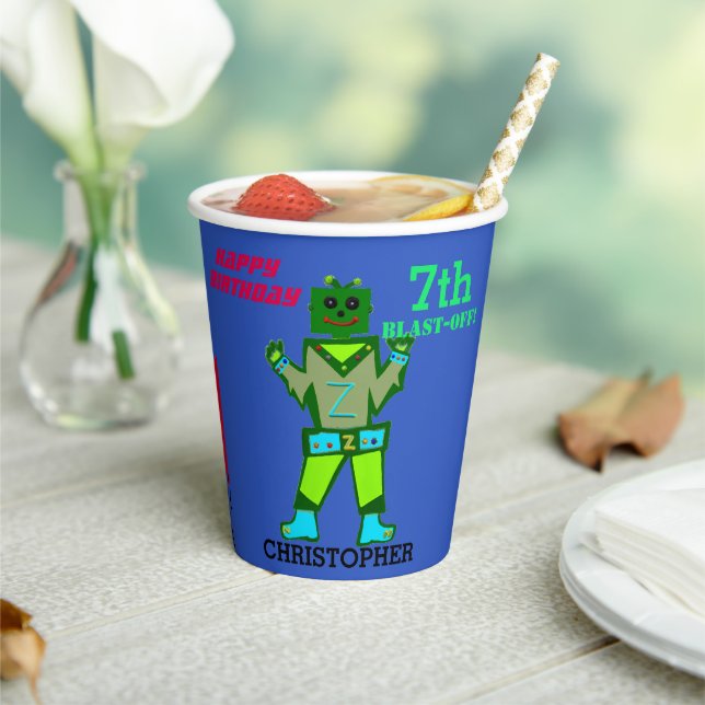 Birthday Blast Off Green Robot Balloons Paper Cups (Insitu)