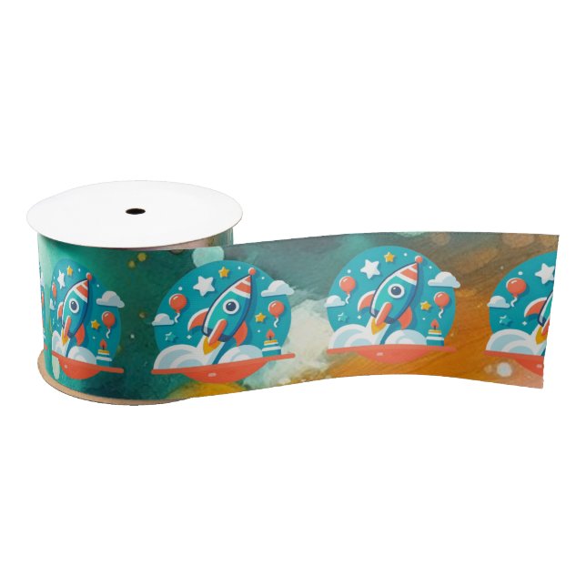 Birthday Blastoff: Rocket Ship Adventure Pattern Satin Ribbon (Spool)