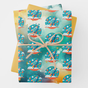 Birthday Blastoff: Rocket Ship Adventure Pattern Wrapping Paper Sheet