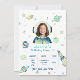 Birthday Blastoff Watercolor Space with Picture Invitation