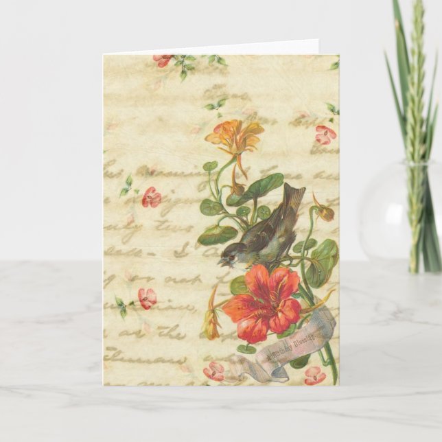 Birthday Blessing Vintage Bird Card (Front)