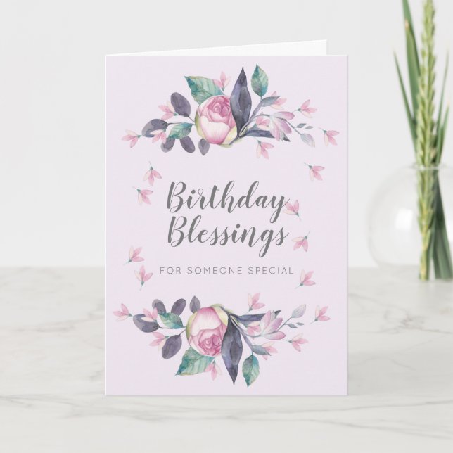 Birthday Blessings Pink Watercolor Floral Card (Front)